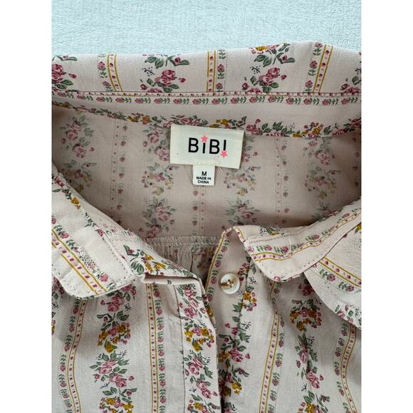 BiBi Floral Shirt Dress Long Puff Sleeve Ruffle Smock Beige Tan M Cottagecore L - Picture 6 of 8